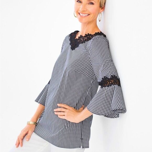 Chico’s Gingham lace bell sleeve tunic. - Picture 1 of 6